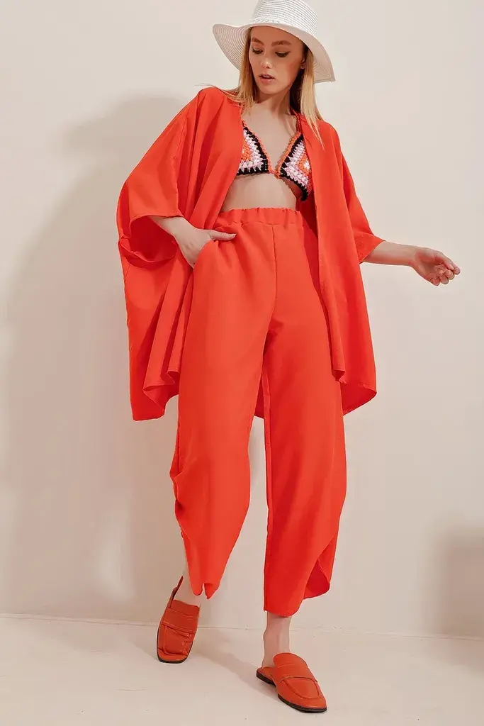 Trend Alacati Stili Ženski komplet kardigan i pantalone ALC-752-001, Narandžasti