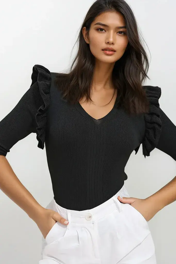 Trend Alacati Stili Ženska bluza 3/4 rukava ALC-X11557, V-izrez, Crna