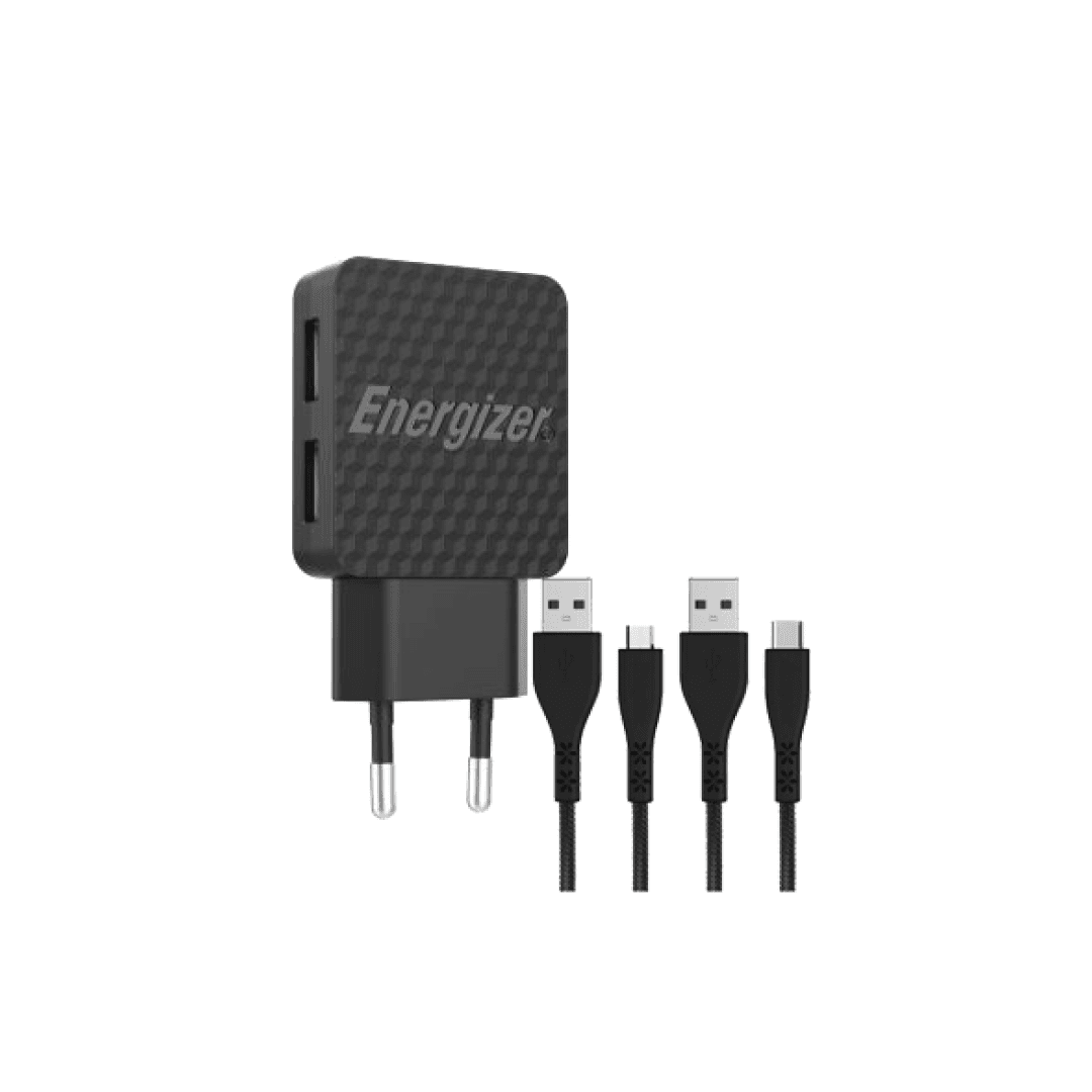 Energizer Punjač sa kablovima micro USB i USB tip-C, 2xUSB, Crni