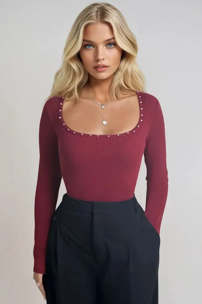 Trend Alacati Stili Ženska bluza dugih rukava Alc-X13335, Okrugli izrez, Bordo