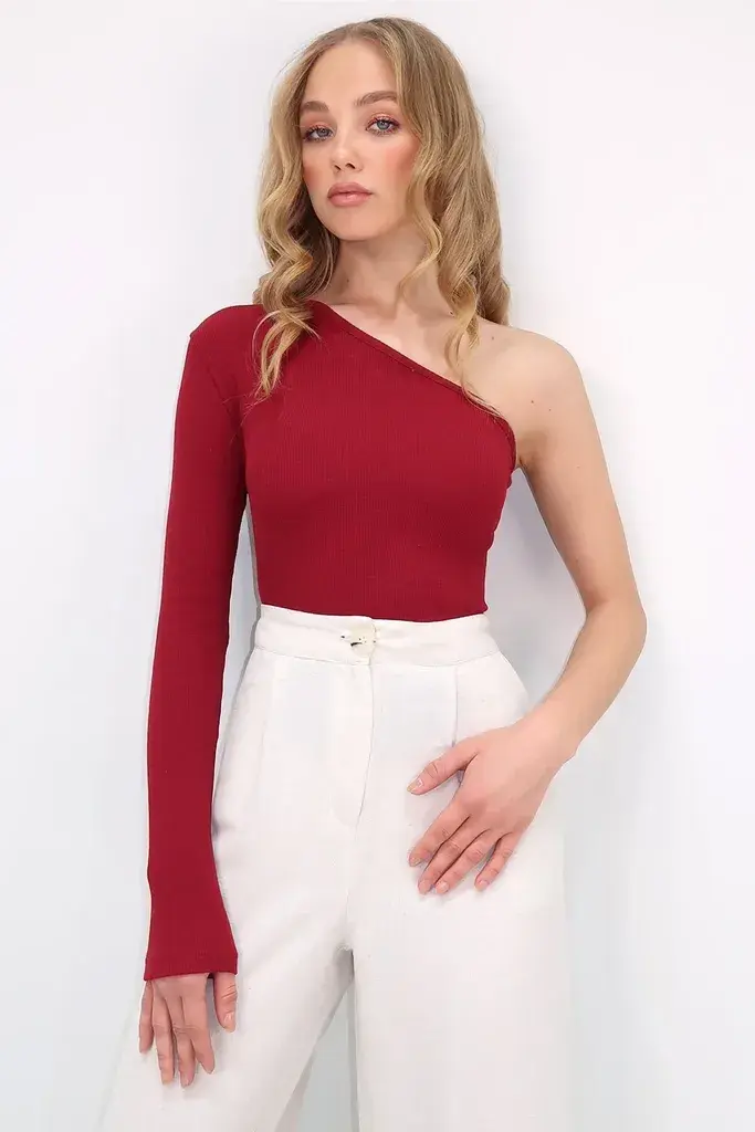 Trend Alacati Stili Ženska bluza dugih rukava Alc-X13333, Brod izrez, Bordo