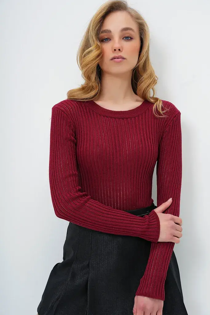 Trend Alacati Stili Ženska bluza dugih rukava Alc-X13738, Okrugli izrez, Bordo