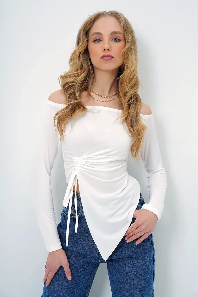Trend Alacati Stili Ženska bluza dugih rukava Alc-X13458, Brod izrez, Bela