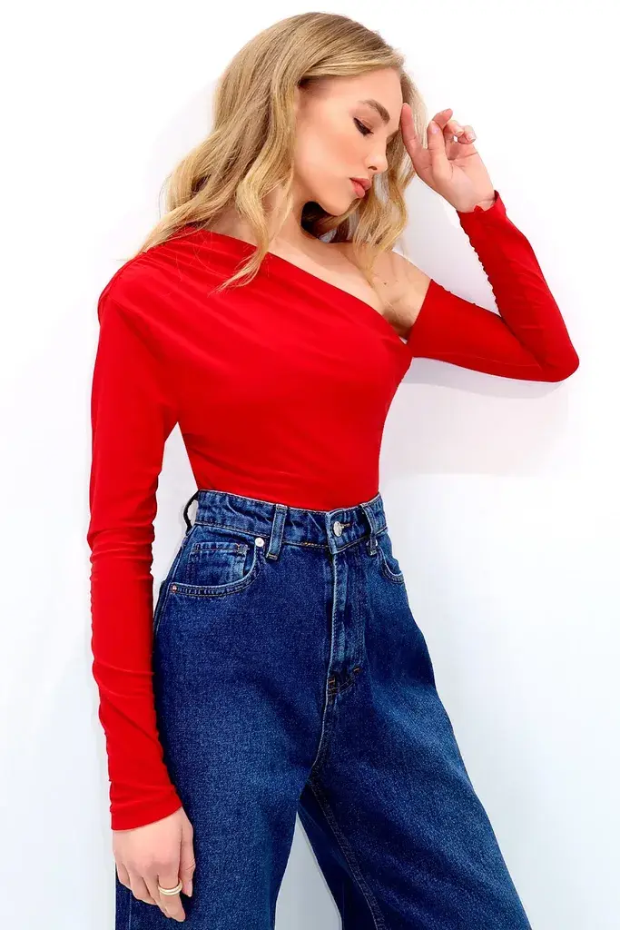 Trend Alacati Stili Ženska bluza dugih rukava Alc-X13465, Brod izrez, Crvena