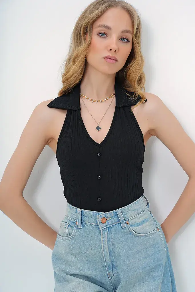 Trend Alacati Stili Ženska bluza bez rukava Alc-X13512, V-izrez, Crna