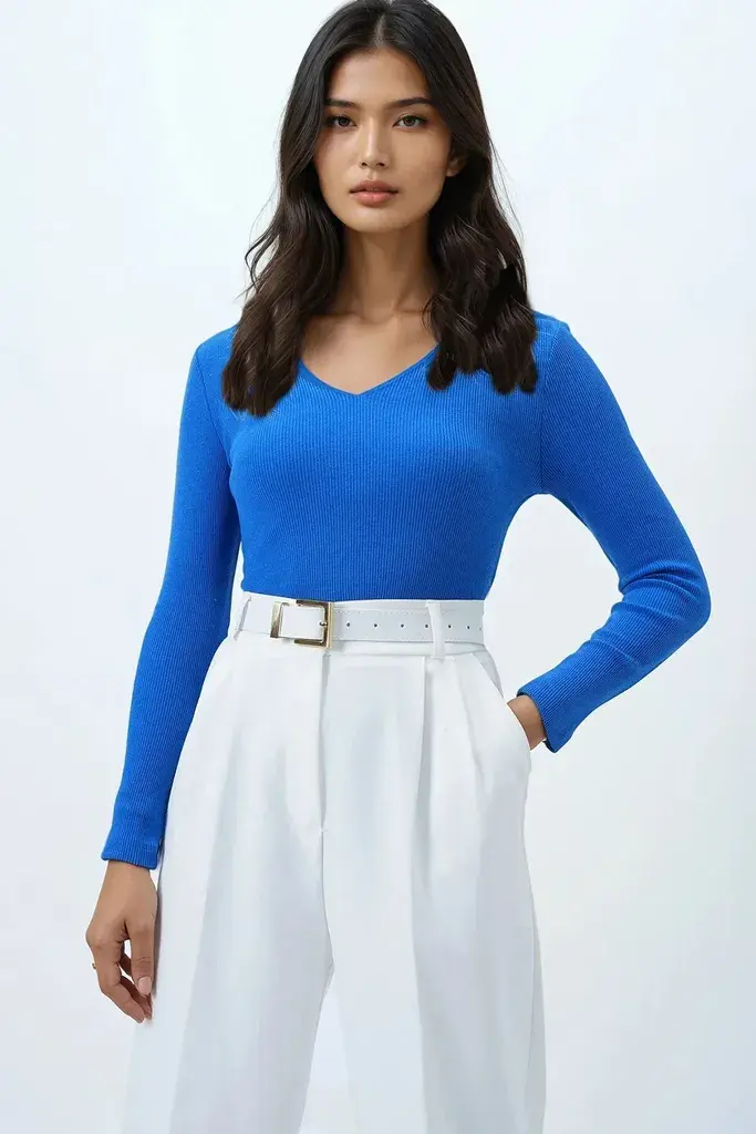Trend Alacati Stili Ženska bluza dugih rukava Alc-X13290, V-izrez, Plava