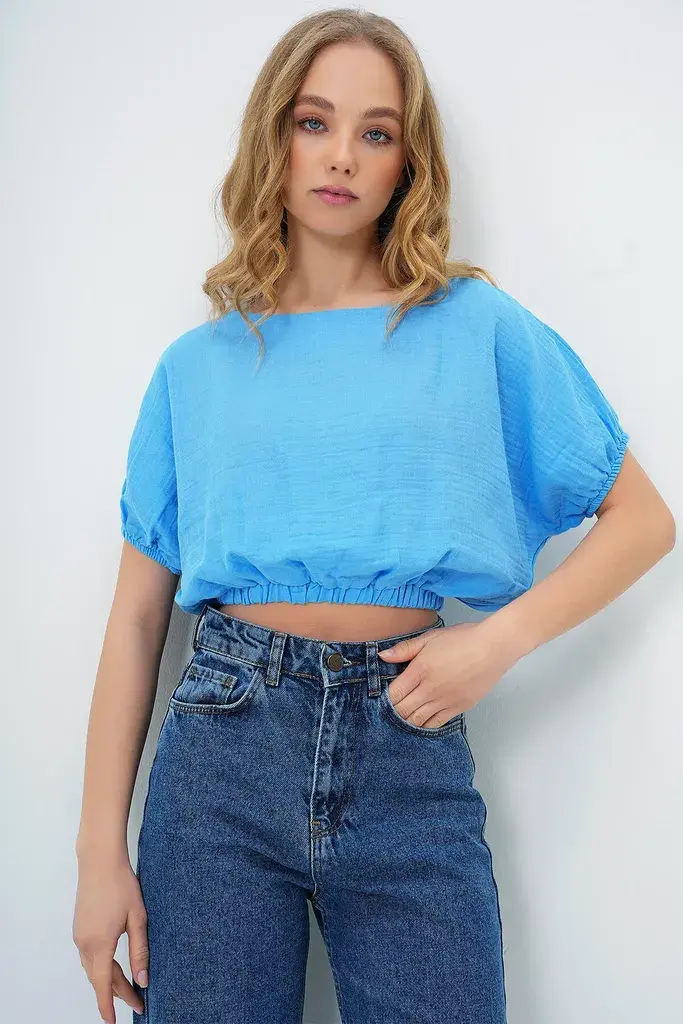 Trend Alacati Stili Ženska bluza kratkih rukava Alc-X13694, Brod izrez, Plava