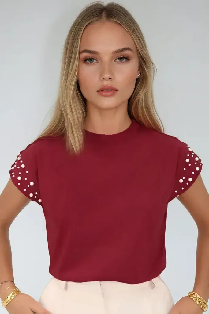 Trend Alacati Stili Ženska bluza kratkih rukava Alc-X13522, Okrugli izrez, Bordo
