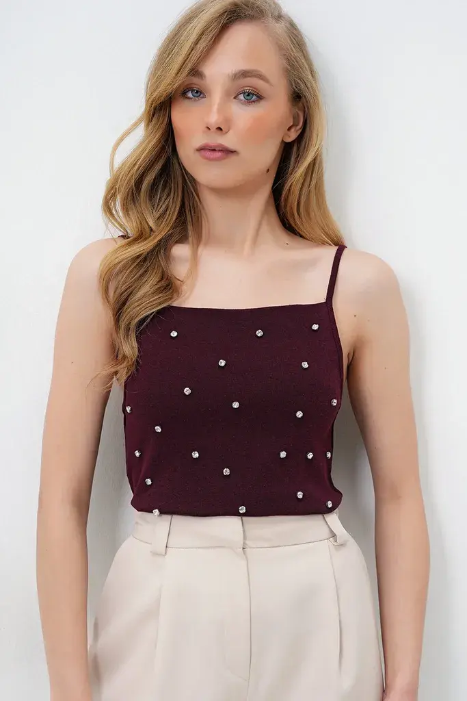 Trend Alacati Stili Ženska bluza bez rukava Alc-X13884, Brod izrez, Bordo