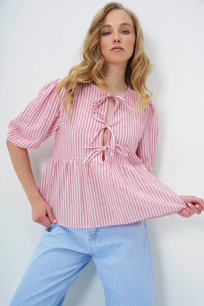 Trend Alacati Stili Ženska bluza 3/4 rukava Alc-X13922, Okrugli izrez, Roze-bela