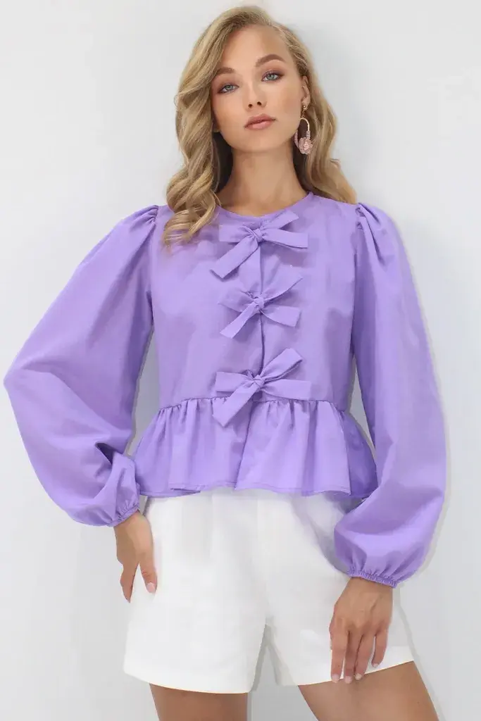 Trend Alacati Stili Ženska bluza dugih rukava Alc-X13375, Okrugli izrez, Ljubičasta