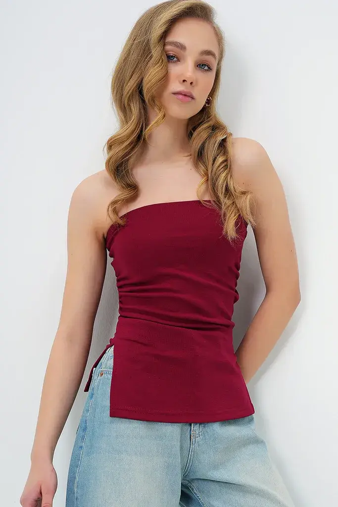 Trend Alacati Stili Ženska bluza bez rukava Alc-X13752, Brod izrez, Bordo