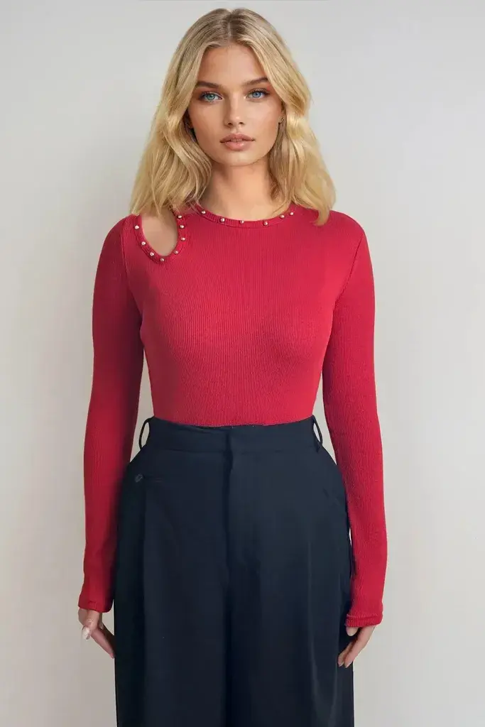 Trend Alacati Stili Ženska bluza dugih rukava Alc-X13331, Okrugli izrez, Crvena