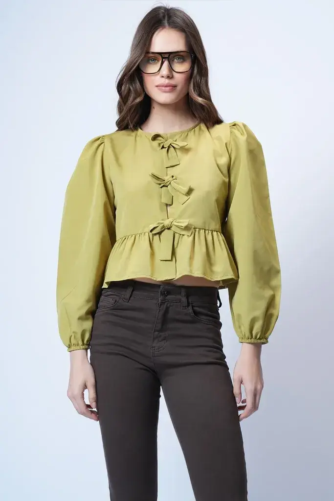 Trend Alacati Stili Ženska bluza dugih rukava Alc-X13375, Okrugli izrez, Zelena