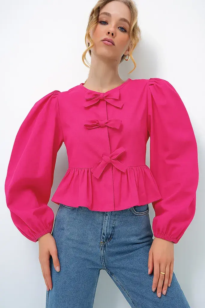 Trend Alacati Stili Ženska bluza dugih rukava Alc-X13375, Okrugli izrez, Ciklama