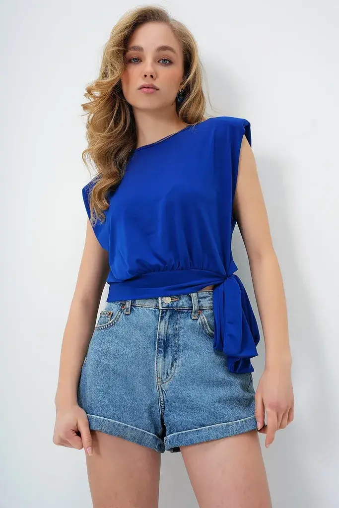 Trend Alacati Stili Ženska bluza kratkih rukava Alc-X13493, Okrugli izrez, Tamnoplava