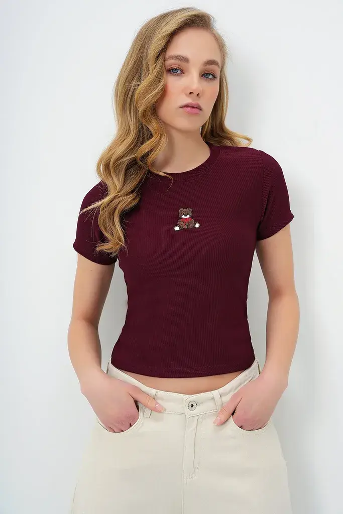 Trend Alacati Stili Ženska bluza kratkih rukava Alc-X13672, Okrugli izrez, Bordo