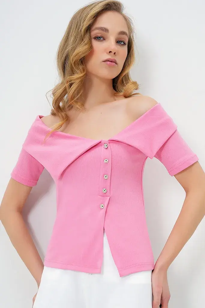 Trend Alacati Stili Ženska bluza kratkih rukava Alc-X13664, Brod izrez, Roze