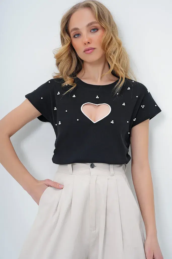 Trend Alacati Stili Ženska bluza kratkih rukava Alc-X13591, Okrugli izrez, Crna