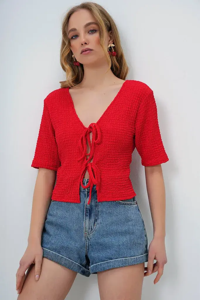Trend Alacati Stili Ženska bluza sa 3/4 rukavima Alc-X13580, V-izrez, Crvena