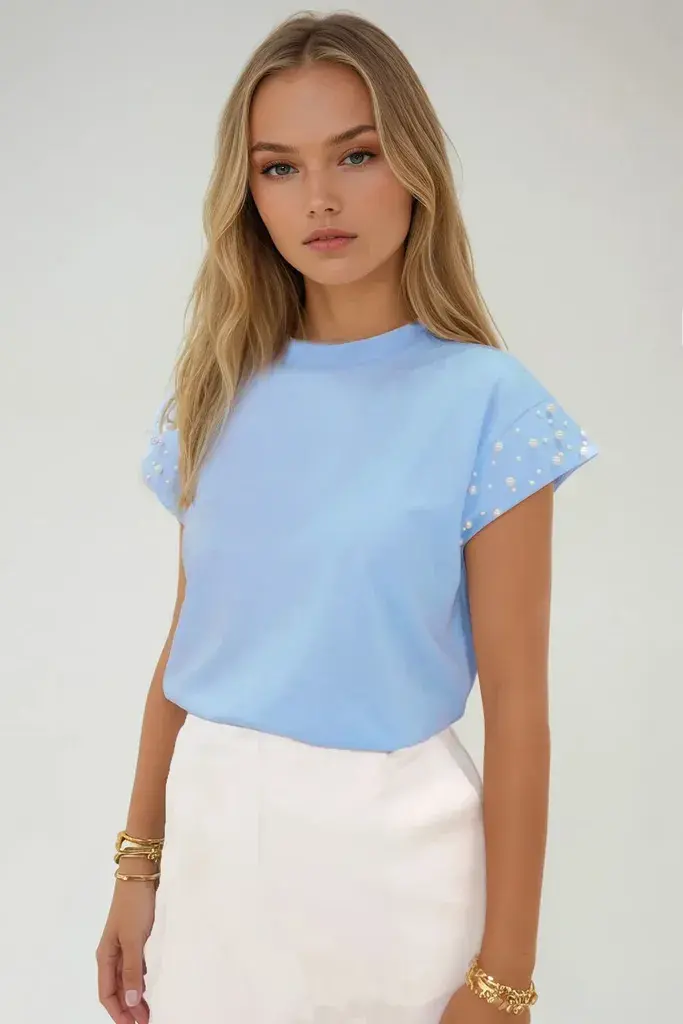Trend Alacati Stili Ženska bluza kratkih rukava Alc-X13522, Okrugli izrez, Plava