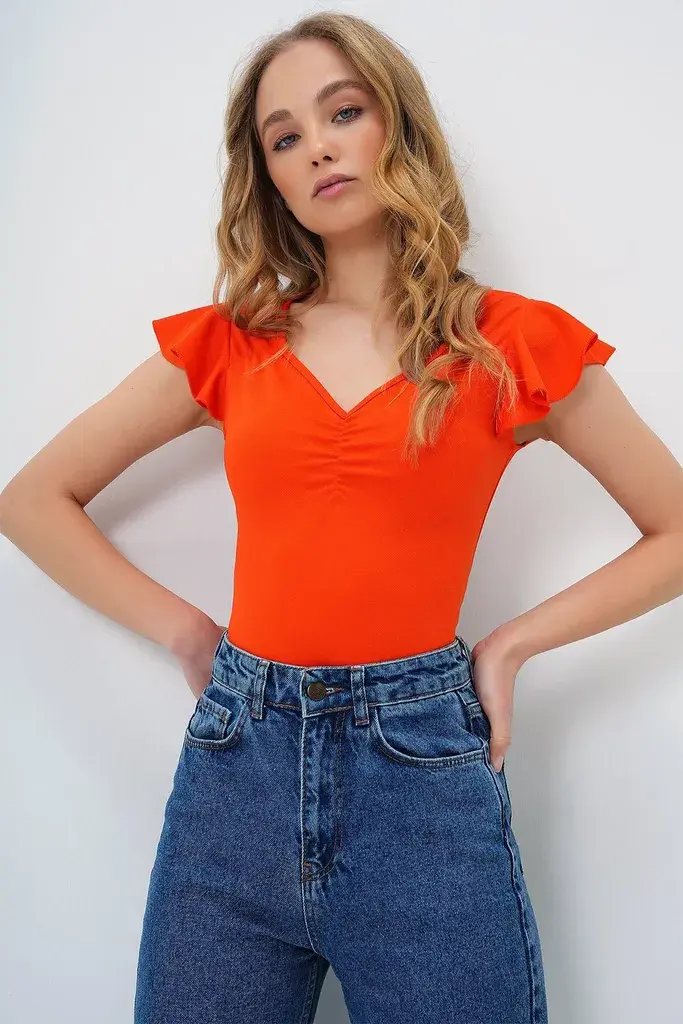 Trend Alacati Stili Ženska bluza kratkih rukava Alc-X13496, V-izrez, Narandžasta