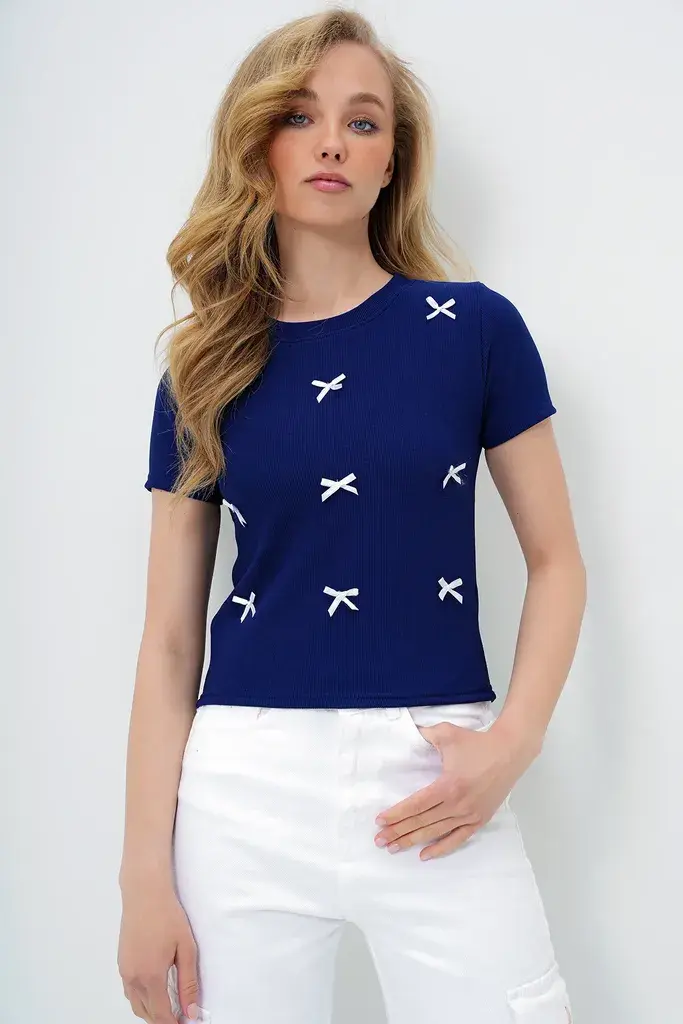 Trend Alacati Stili Ženska bluza kratkih rukava Alc-X13671, Okrugli izrez, Tamnoplava