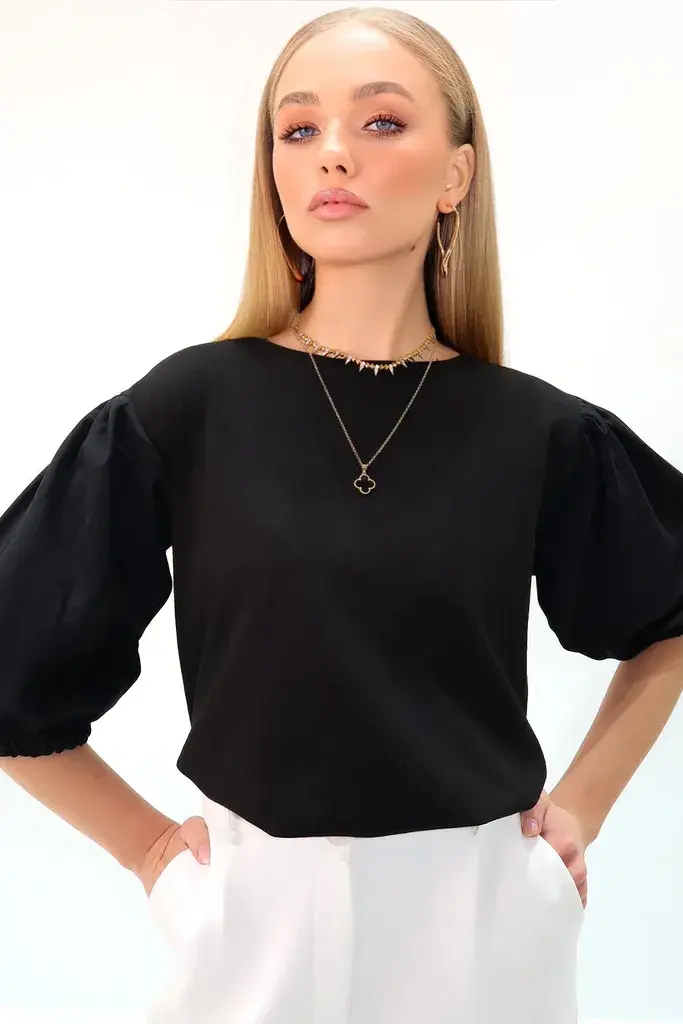 Trend Alacati Stili Ženska bluza sa 3/4 rukavima Alc-X13483, Okrugli izrez, Crna