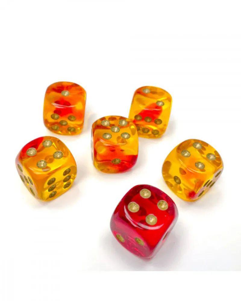 Kockice Chessek - Gemini - Translucent - Crveno-žute i zlatne - Blok kockica 16 mm (12