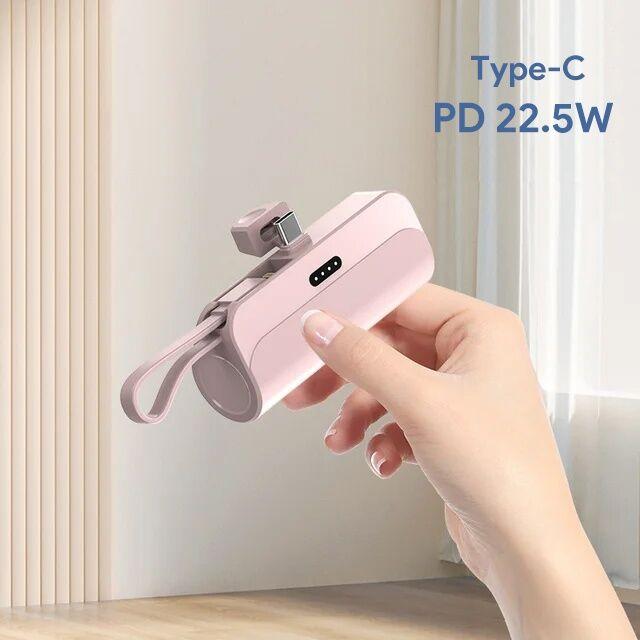 Power bank, 5000mAh, PD 22.5W, Tip C, Roze