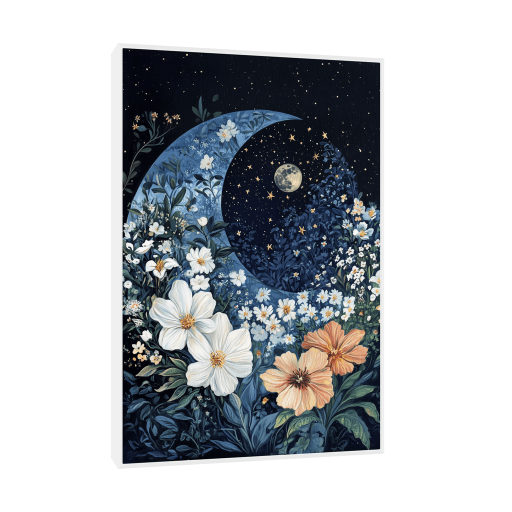 Canvas Slika na platnu Mesec i cveće, Sa ramom, 100 x 150 cm, Beli