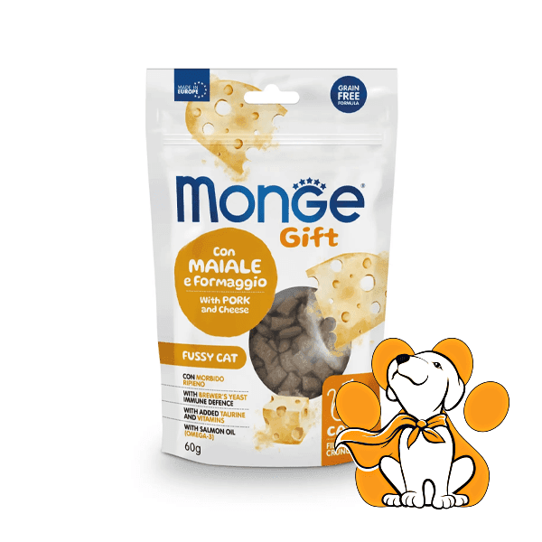 MONGE GIFT Poslastica za mačke Grain Free Fussy Cat Svinjetina&Sir 60g
