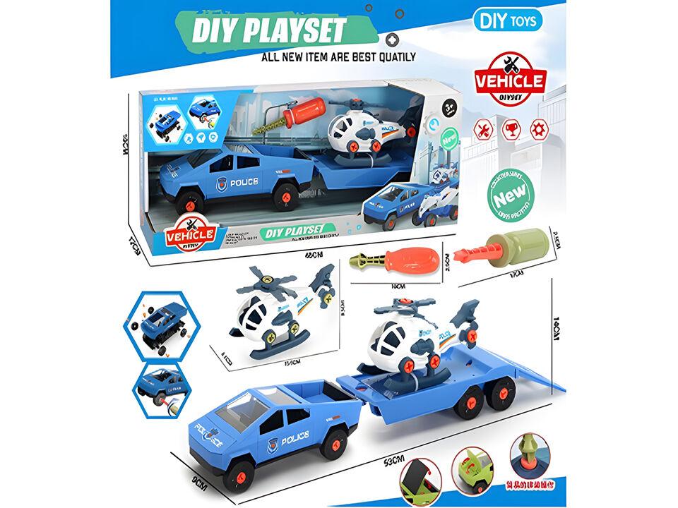 DIY Toys Dečija igračka Policijsko vozilo sa prikolicom i Helihopter