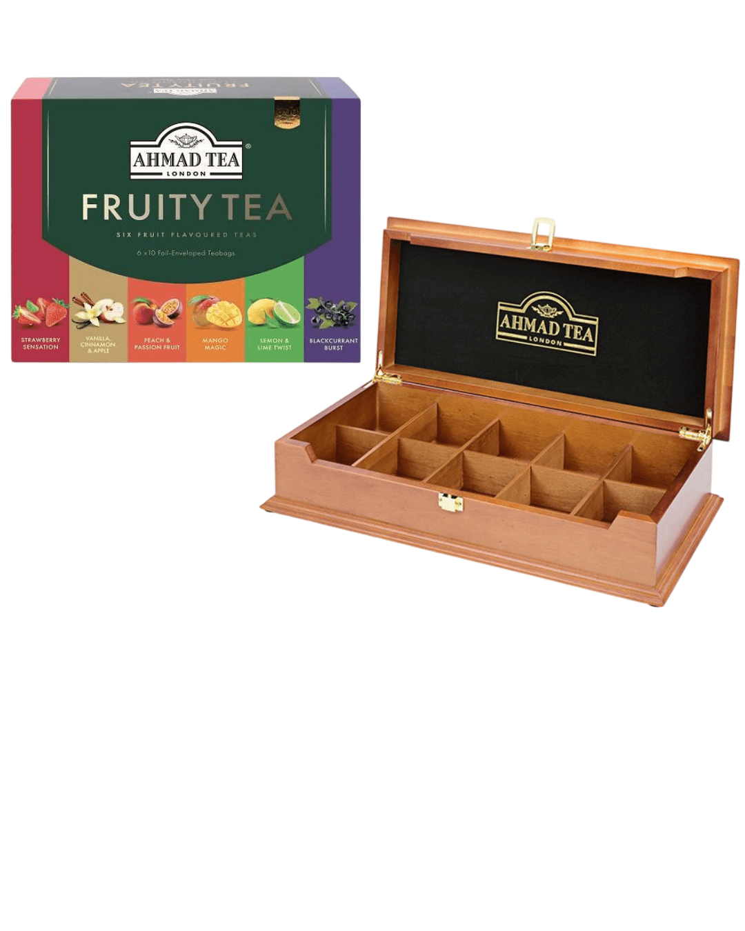 Ahmad tea Čaj Fuitytea Selection 6x10/1 i Ahmad tea drvena kutija za kesice sa poklopcem