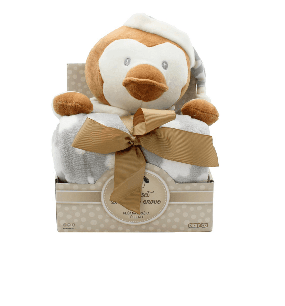 DEXY CO Set plišana igračka pingvin i ćebe Sweet dreams baby braon