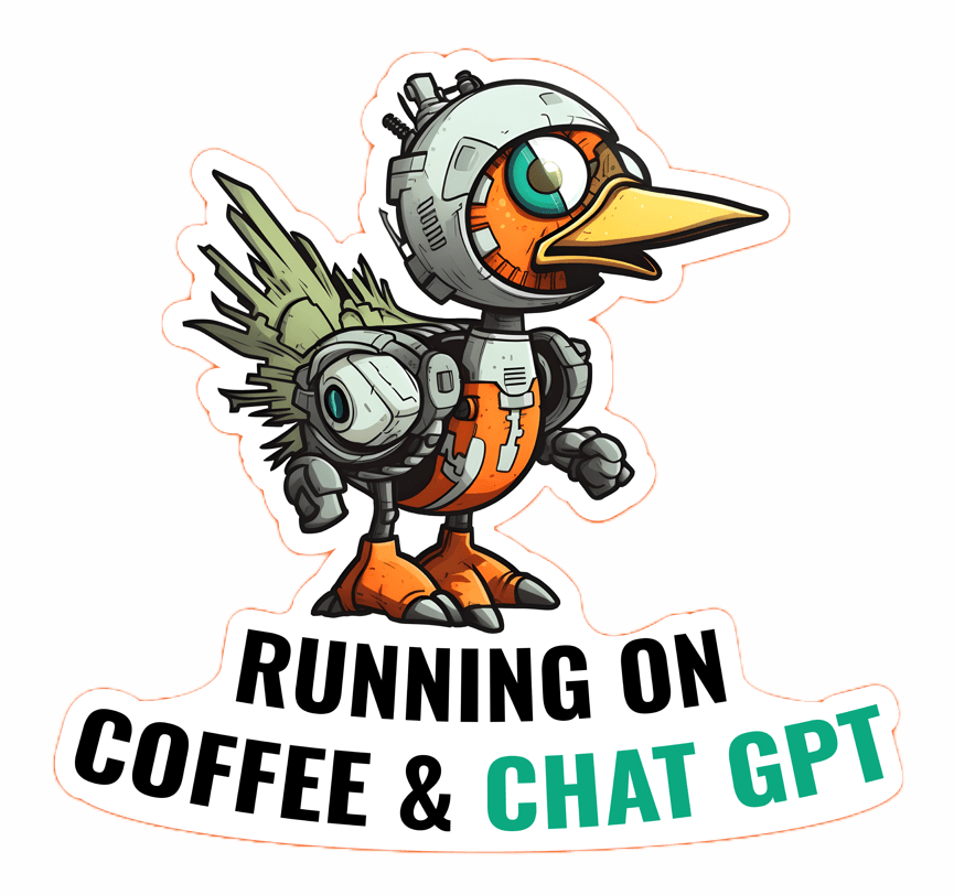 AI_MERGEART Nalepnica sa Cyber pticom "Running on coffee & ChatGPT"