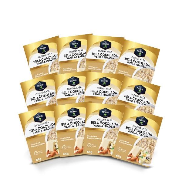 GoHealthy Paket ovsene kaše Premuim, Bela čokolada, vanila i badem, 64 g, 12 komada