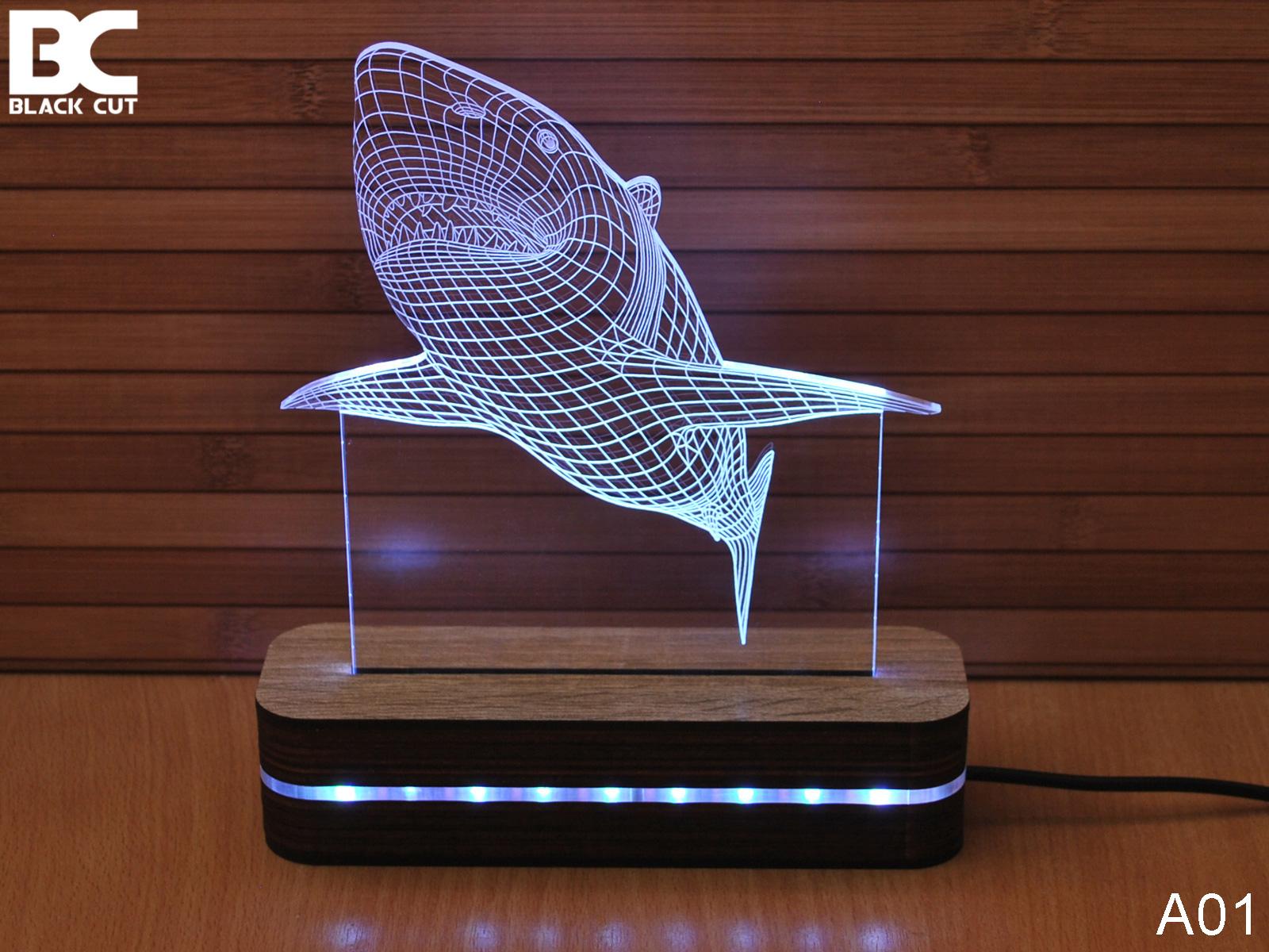 Black Cut 3D Lampa Ajkula, Hladno bela