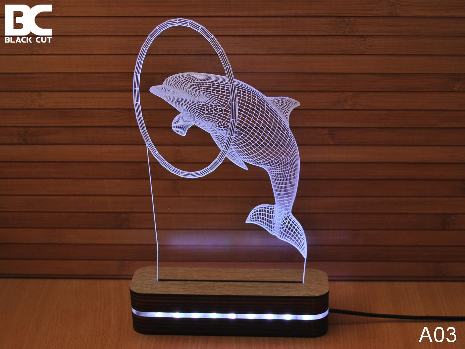 Black Cut 3D Lampa Delfin, Hladno bela