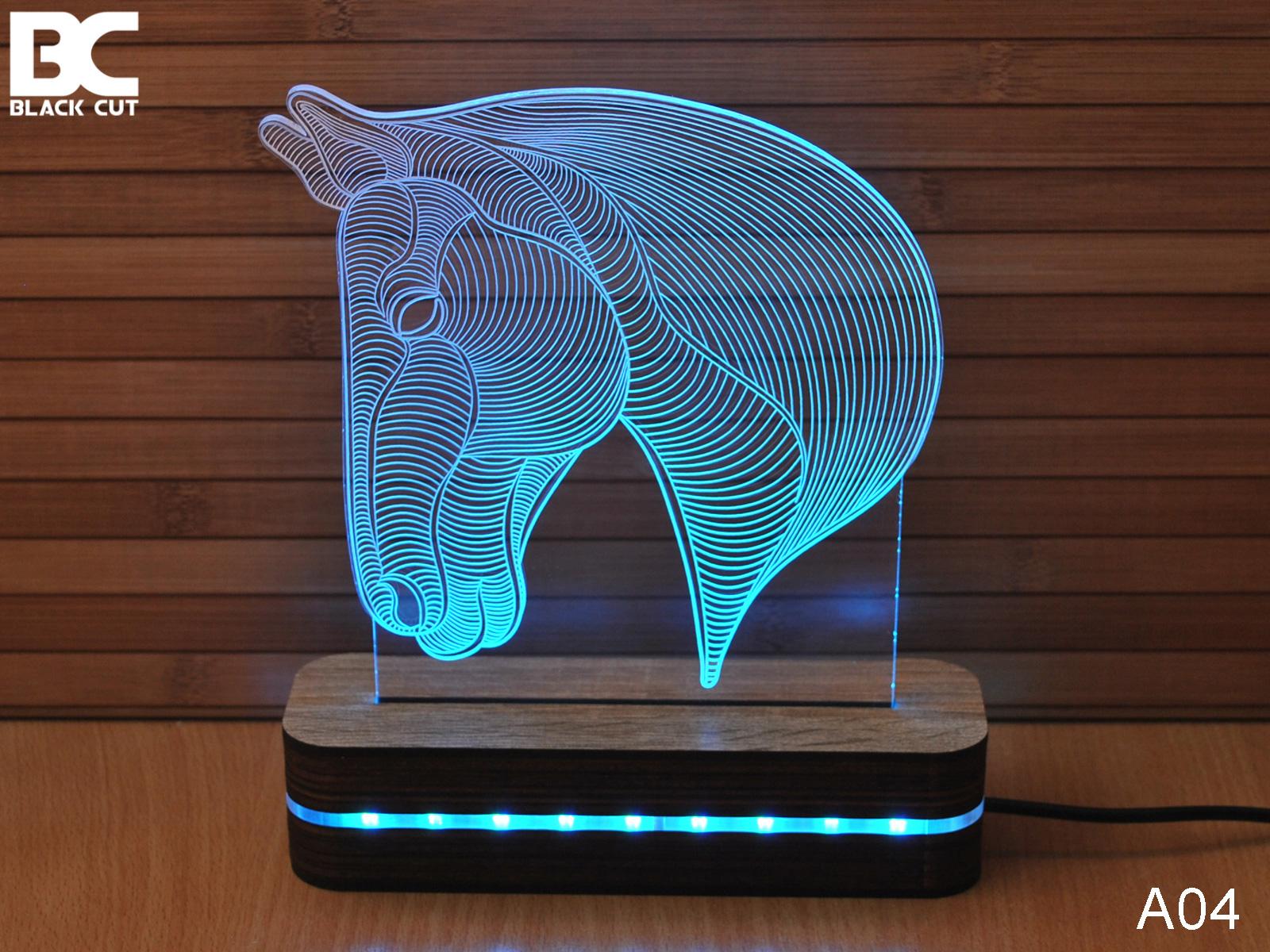 Black Cut 3D Lampa Glava konja, Svetloplava