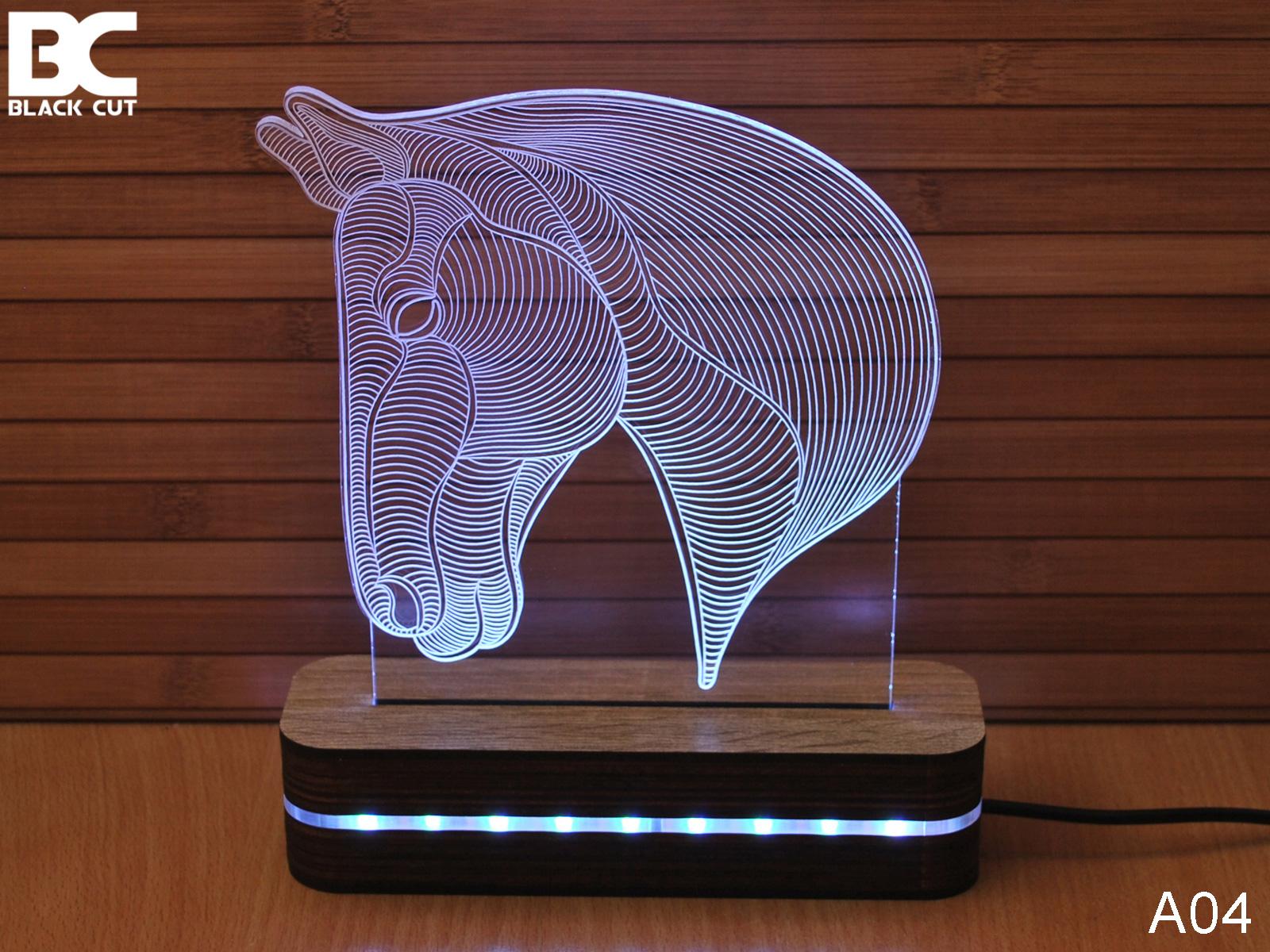 Black Cut 3D Lampa Glava konja, Toplo bela