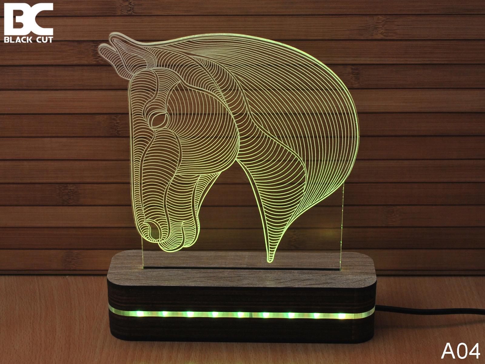 Black Cut 3D Lampa Glava konja, RGB