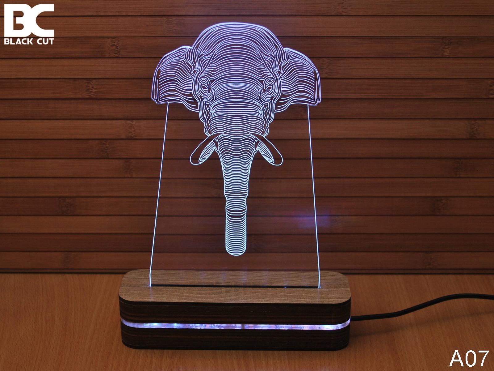 Black Cut 3D Lampa Slon, Hladno bela