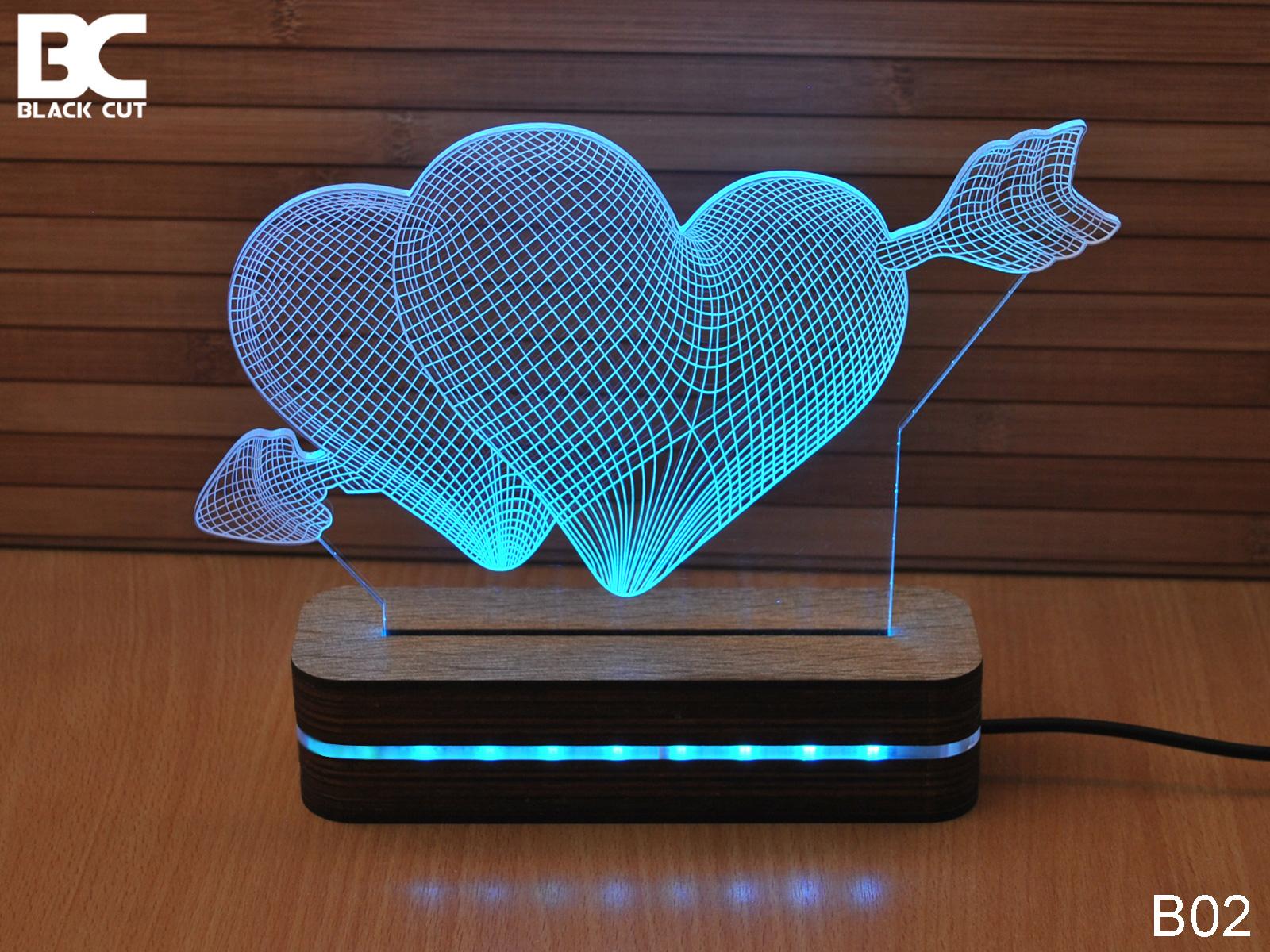 Black Cut 3D Lampa Srce Svetlo plava