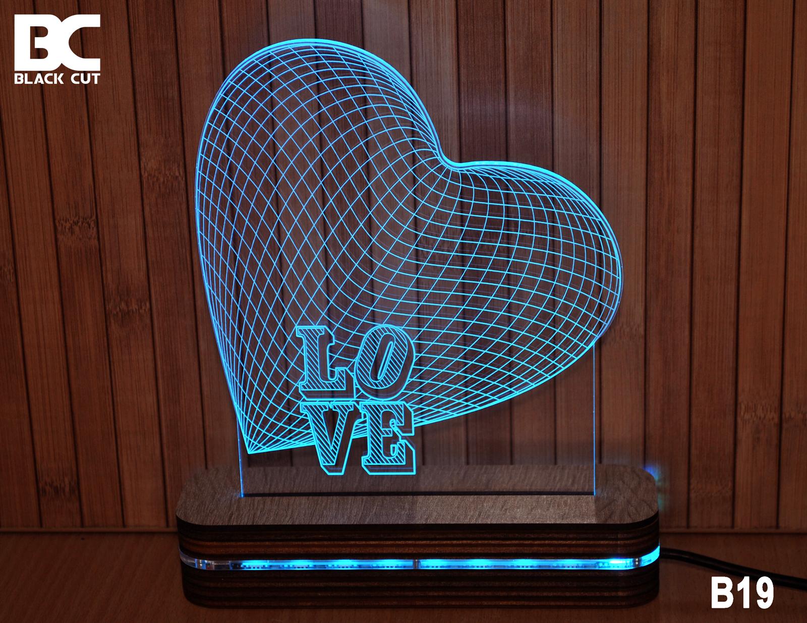 Black Cut 3D Lampa Love Srce Svetlo plava
