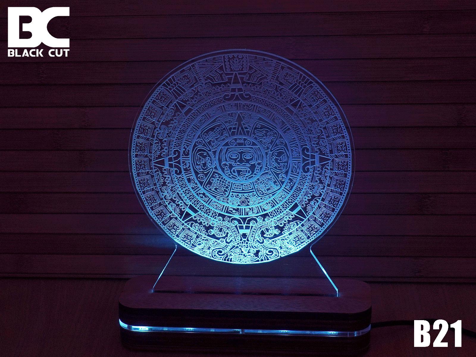 Black Cut 3D Lampa Astečki kalendar Svetlo plava