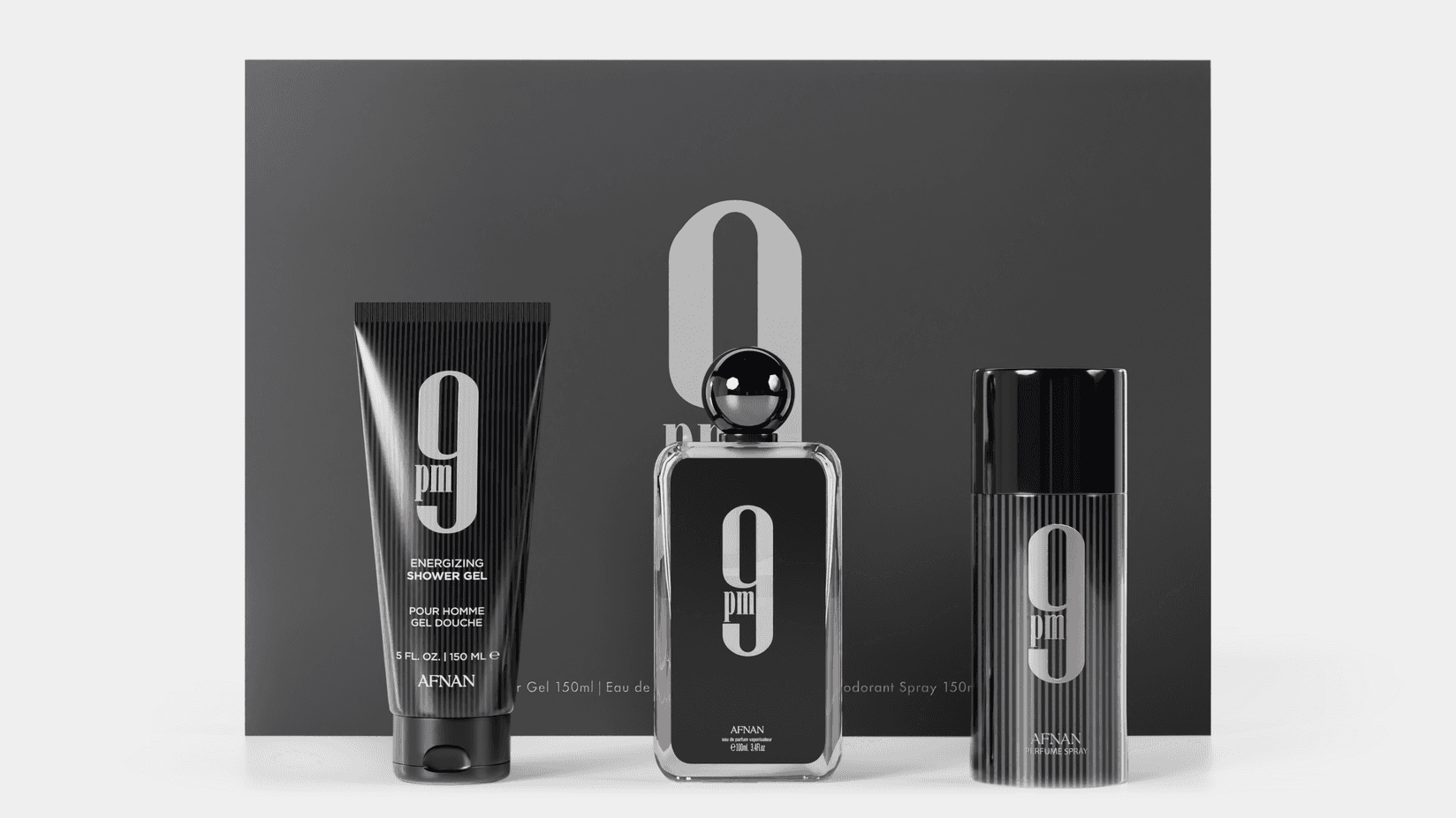 Afnan Muški poklon set 9 Pm, EDP, 100 ml + Gel za tuširanje, 150 ml + Deo sprej, 150 ml