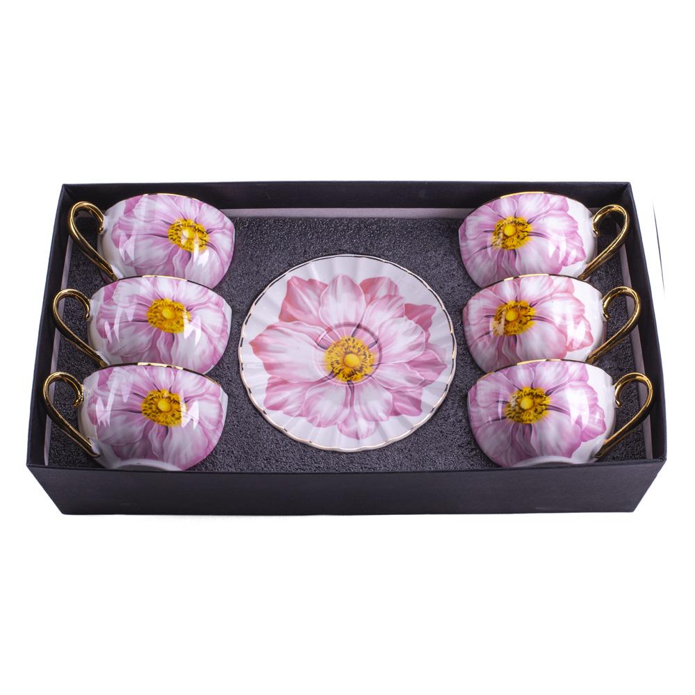 DIKER HOME Porcelanske šolje sa cvetom, 6 komada, Belo-roze