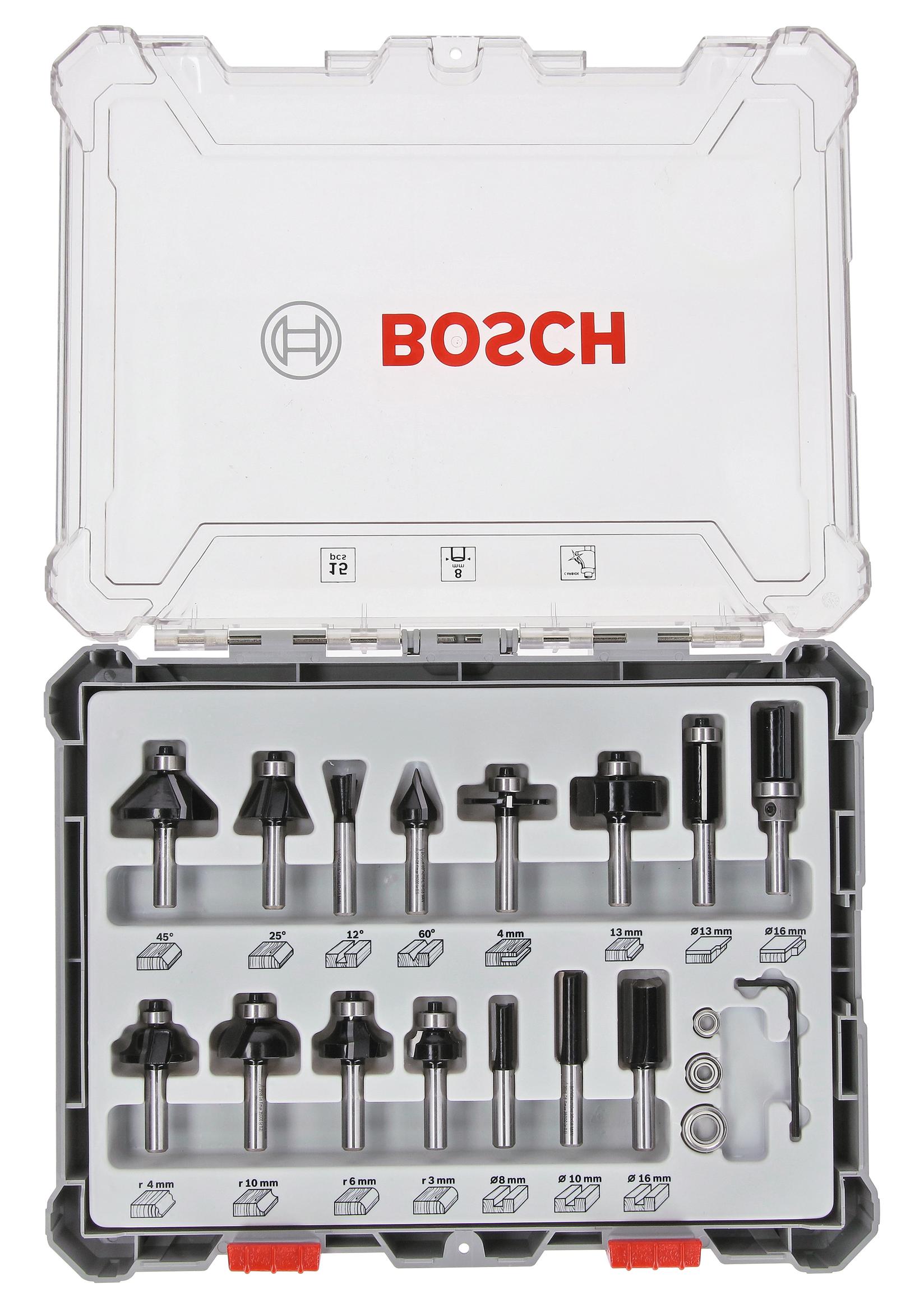 Bosch Komplet raznih glodala, 15 komada, držač od 8 mm 2607017472, 15-piece Mixed Application Router Bit Set.