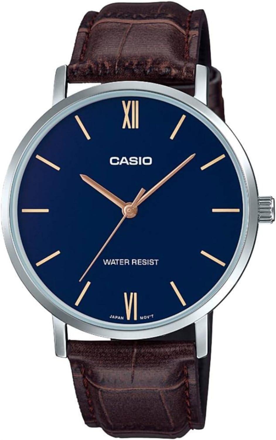 CASIO Muški ručni sat, Kvarcni mehanizam, Plavi brojčanik, MTP-VT01L-2BUDF, Braon